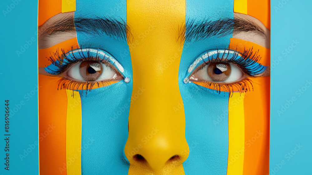 Aufkleber a womans face is intricately painted with alternating blue and yellow stripes, creating a bold and s