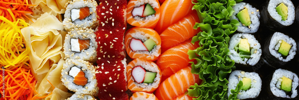 Aufkleber A variety of colorful sushi pieces are meticulously arranged in a rainbow pattern, creating a visually striking display of Japanese cuisine