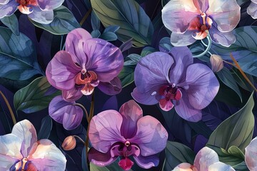 This seamless pattern features graceful orchids in a sophisticated design