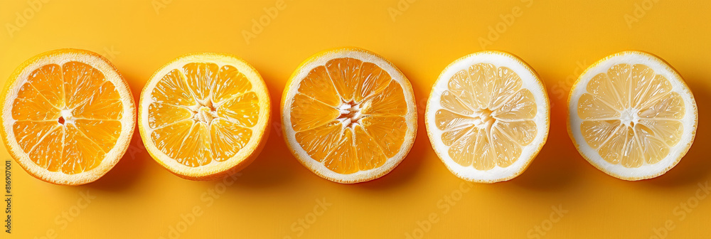 Poster A straight line of vibrant orange slices arranged neatly on a bright yellow surface. The juicy citrus fruits are evenly spaced and create a visually appealing pattern against the sunny backdrop
