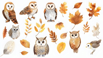 Whimsical Autumn Owl Collection with Falling Leaves and Cozy Natural Accents