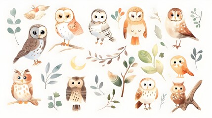 Whimsical Owls Nestled in Lush Foliage Charming Wildlife with Cozy Nature Vibes
