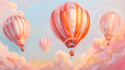 Pastel Hot Air Balloons.  Generated Image.  A digital illustration of hot air balloons in a pastel illustration art style.