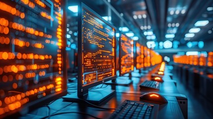 Data scientists work in a modern office of a technology company on the development of a quantum computer. Science, technology, big data and blockchain concept.