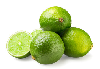 Pile of ripe limes and halves close-up on a white background. Isolated