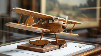 A detailed wooden model of a vintage biplane is displayed on a stand in a museum or exhibition setting.