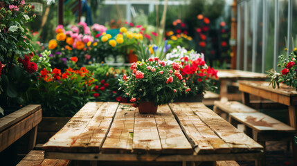 Wooden tables in a vibrant greenhouse filled with various colorful flowers and plants, creating a cozy and inviting atmosphere for relaxation or social gatherings.