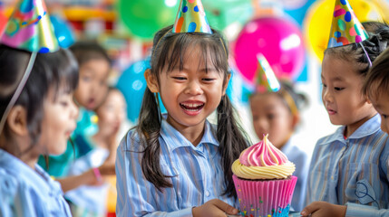 Group of children at a birthday party wearing party hats, excitedly looking at a large cupcake.