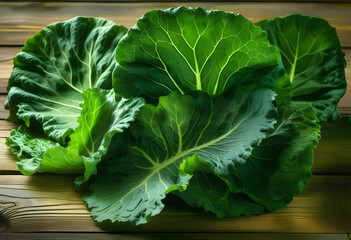 Fresh green cabbage leaves on a wooden cutting board