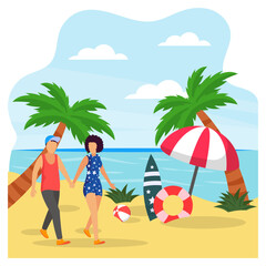 Couples walking along the coast concept, walk on a beach, summer vacation vector colorful design, Nature and landscape postcard, Scenic Warm Season Vibes Sign, Idyllic Remote Resort stock illustration