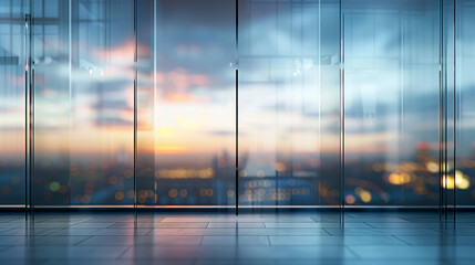 Fototapeta premium Modern empty office space with large glass windows offering a view of a city skyline at sunset. The clean, reflective surfaces and soft evening light create a serene atmosphere.