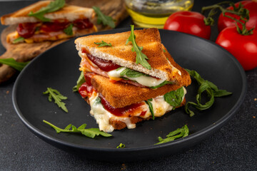 Grilled Pizza Sandwich, cheese pizza burger with tomatoes, tomato sauce, bacon, pepperoni salami, arugula, copy space