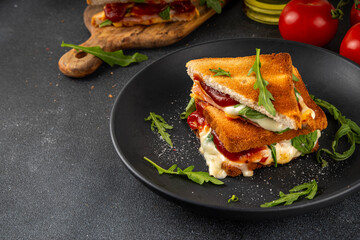 Grilled Pizza Sandwich, cheese pizza burger with tomatoes, tomato sauce, bacon, pepperoni salami, arugula, copy space
