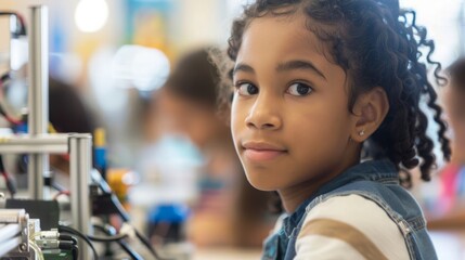 A young girl is focused on operating a machine in a classroom setting.