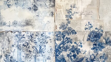 Vintage blue floral patchwork collage - A composite image showcasing various textures and patterns with a floral motif and a vintage feel using blue tones - Powered by Adobe