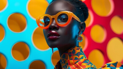 Fashion model with afro hairstyle colorful outfit and geometric background ideal for editorial use