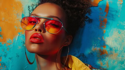 Fashion model with aviator sunglasses bright red lips and hoop earrings ideal for bold fashion statements