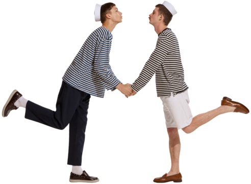 Portrait of two young boys, sailor, seamen in striped shirts holding hands isolated transparent background. Concept of travelling resort, summer holidays, occupation, retro fashion, vintage style.