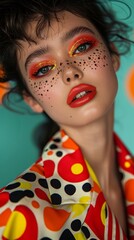 Fashion model with vibrant eye makeup colorful attire and bold lips suitable for high-fashion editorials