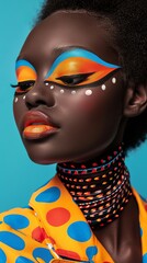 Portrait of fashion model with artistic makeup and colorful outfit perfect for beauty editorials and campaigns