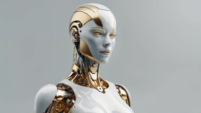 Gold white modern female robot android on white background