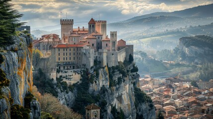 "A dramatic view of the medieval ChÃ¢teau de Foix in France, perched on a rocky hill with its stone towers and the town below. --ar 16:9 --stylize 250 Job ID: d361a31e-cf17-4531-b469-5f6d196e9a03