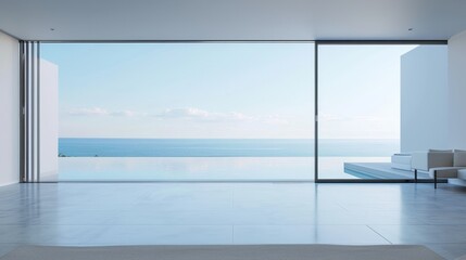Modern minimalist ocean view home interior - A luxurious modern living room with a panoramic ocean view behind floor-to-ceiling windows for a serene and stylish look