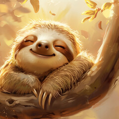 Obraz premium A sloth, a slow-moving mammal with long claws, is resting peacefully on a thick tree branch in forest setting. It appears relaxed and content in its natural habitat