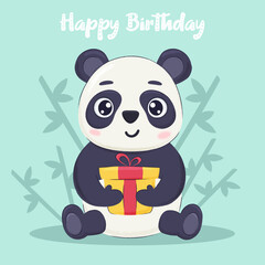Happy birthday card, invitation concept with cute panda holding gift box and bamboo background