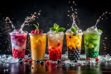 Splashes of Bubble Tea on black background. Colorful glasses of fruit bubble tea. Taiwan tea with bubbles. Ai generated