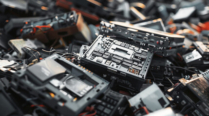 A pile of disassembled electronic components and circuit boards, showcasing various wires and connectors, representing electronic waste and recycling.