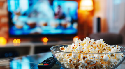 A cozy home theater setup featuring a bowl of popcorn and a TV remote on a glass table, with a blurred television screen and ambient lighting in the background.