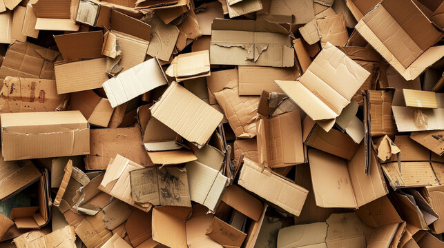 A chaotic pile of used, discarded cardboard boxes of various sizes, showcasing the appearance of post-use packaging materials.