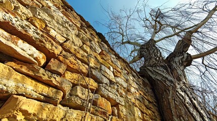 a willow tree with no leaves in front of a high flint stone wall --ar 16:9 --style raw --weird 900