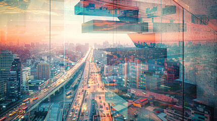 Floating staircase and a city view at rush hour, double exposure.