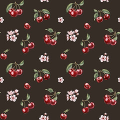 Cherry berries with flowers and leaves, watercolor floral seamless pattern on dark background with spring blossom