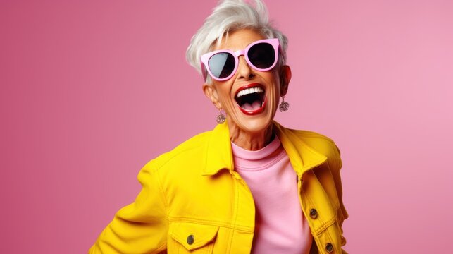 Grandmother emotional having fun - Portrait of a beautiful lady above 70 years old with costumes stylish clothes, concepts about senior people and elderly age