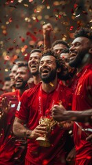 Fototapeta premium Soccer players celebrating with the african cup trophy in a shower of confetti