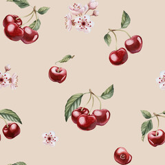 Cherry berries with flowers and leaves, watercolor floral seamless pattern on beige background with spring blossom