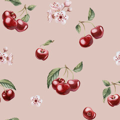 Cherry berries with flowers and leaves, watercolor floral seamless pattern on peach pink background with spring blossom