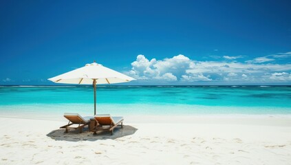 A blue beach chair with umbrella stands on the white sand beach for summer getaways