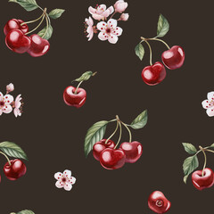 Cherry berries with flowers and leaves, watercolor floral seamless pattern on dark background with spring blossom