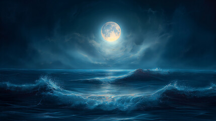 Fototapeta premium An atmospheric composition featuring abstract ocean waves illuminated by the soft glow of moonlight, with shimmering reflections and subtle gradients creating a dreamlike and ether