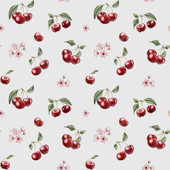 Cherry berries with flowers and leaves, watercolor floral seamless pattern on blue background with spring blossom
