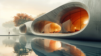 futuristic building 3D printing future hotel building design after rain with reflection