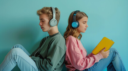 teenagers boy and girl student listen music and reading young love on solid color background