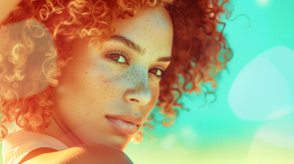 Naklejka premium Young multi-ethnic woman with curly hair and freckles, intense gaze