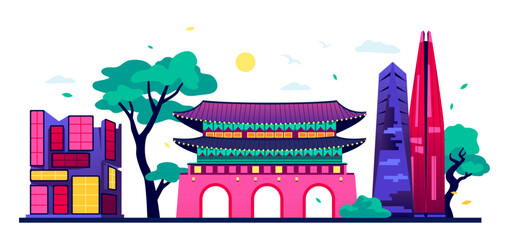 Eclectic styles of architecture in Korea - modern colored vector illustration with Gangnam Underground Shopping area, Lotte World and Northeast Asia Trade Tower in Seoul, Palace Complex and trees
