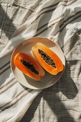 two papaya halves on a white plate on a striped cloth