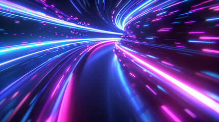 Dynamic abstract background featuring neon light trails in blue and pink, creating a futuristic and high-speed motion effect.